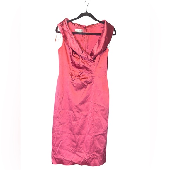 Kay Unger Ruched Pleated Satin Foldover Shawl Collar Sleeveless Dress - Picture 3 of 6